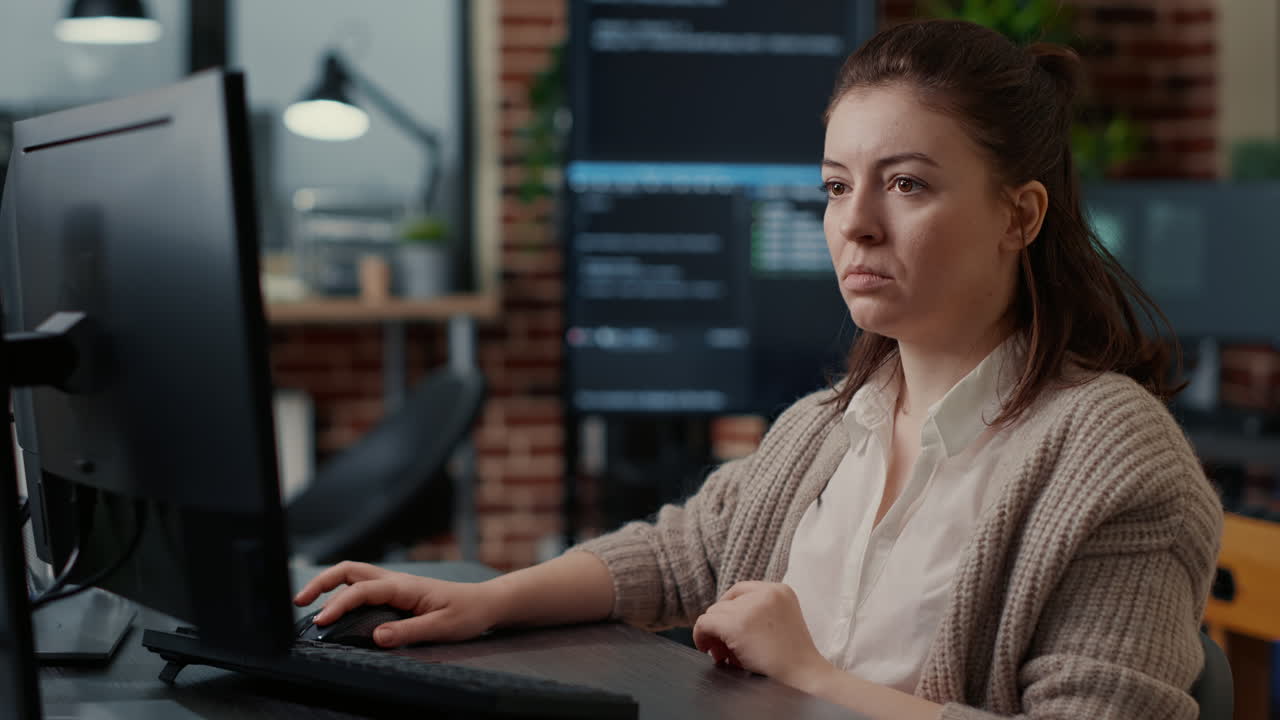 Caucasian system engineer working focused looking at computer screen while typing