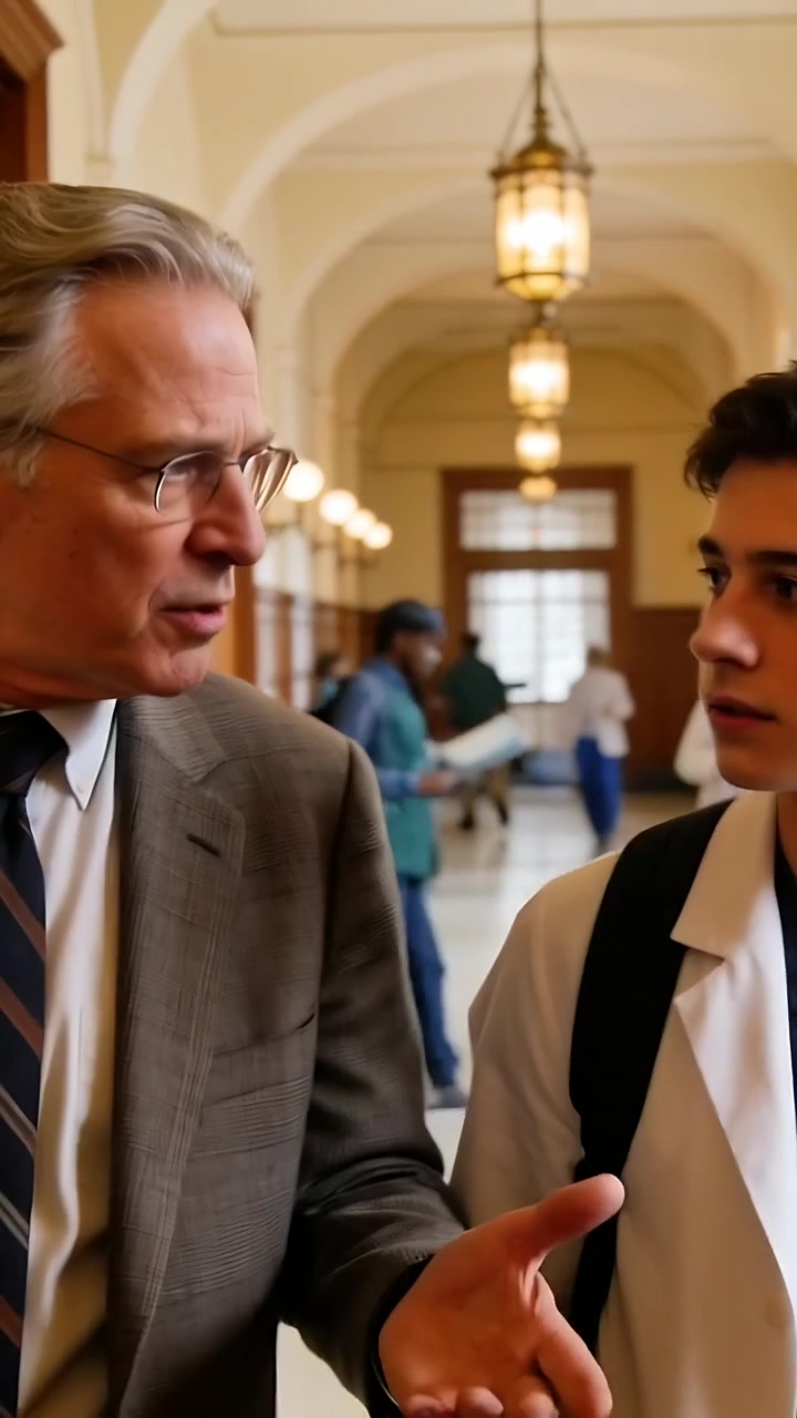 Vertical video: Walking teen in lab coat following talking senior to learn down hall, copy space