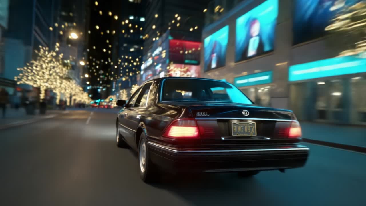 A sleek black sedan smoothly navigates through a vibrant city street filled with dazzling lights and decorated buildings, capturing the essence of a lively nighttime urban atmosphere