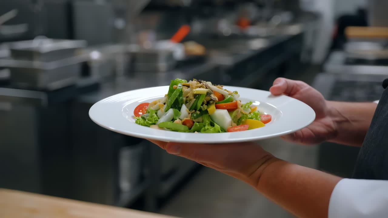 Chef presenting a fresh gourmet salad in a professional kitchen
