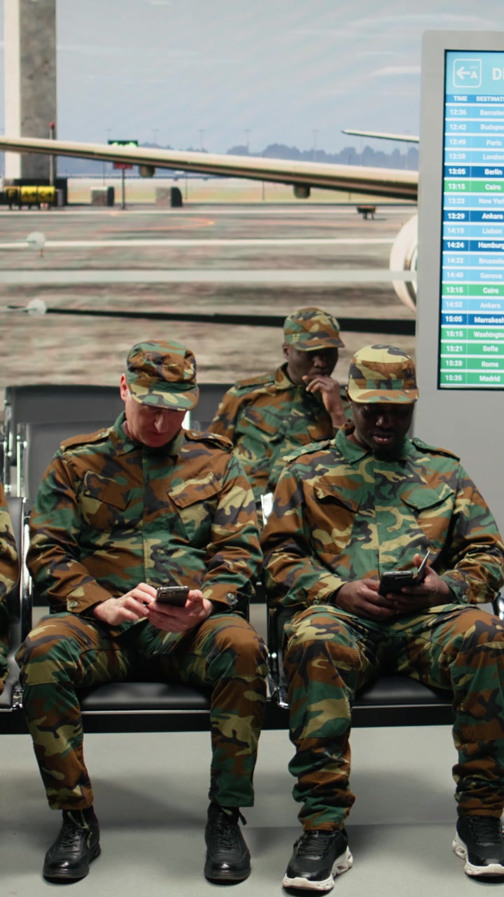Video verticale: Attesa, arrivo dell'aereo e team militare felice in un aeroporto affollato