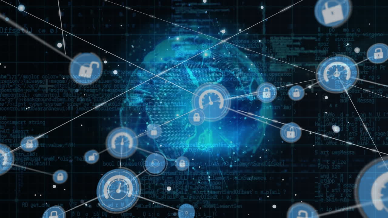 Animation of network of connections with icons over globe and grid