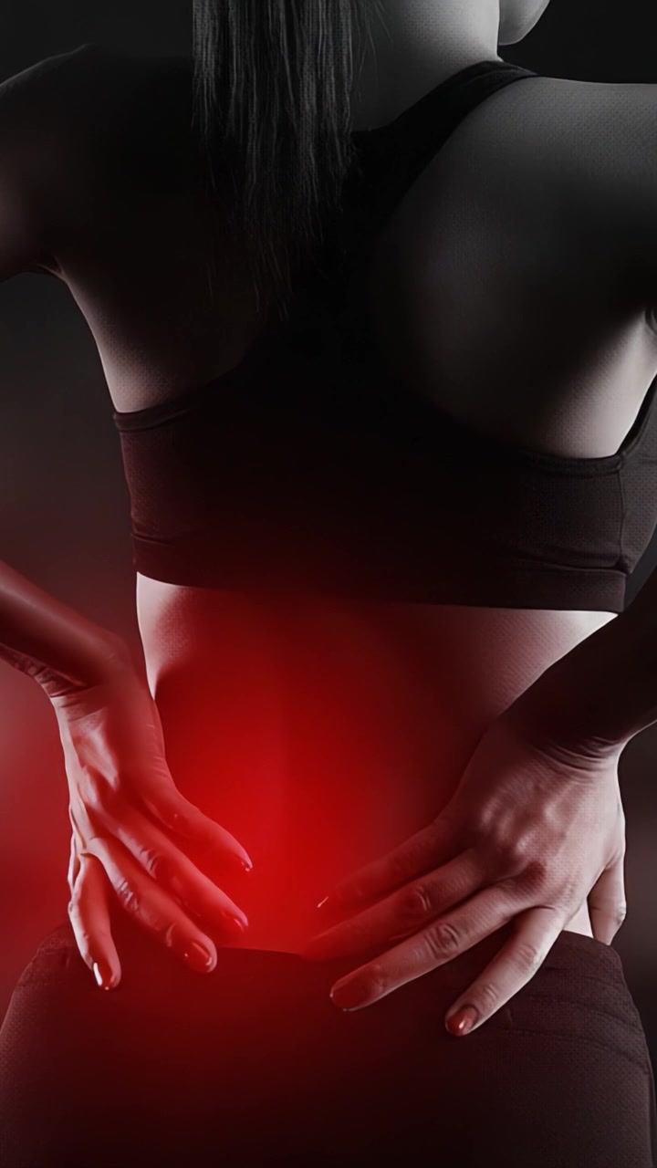 Una rappresentazione visiva sorprendente del disagio: Focalizzata sulla vista posteriore di un atleta che prova un significativo dolore lombare in un drammatico bagliore rosso.