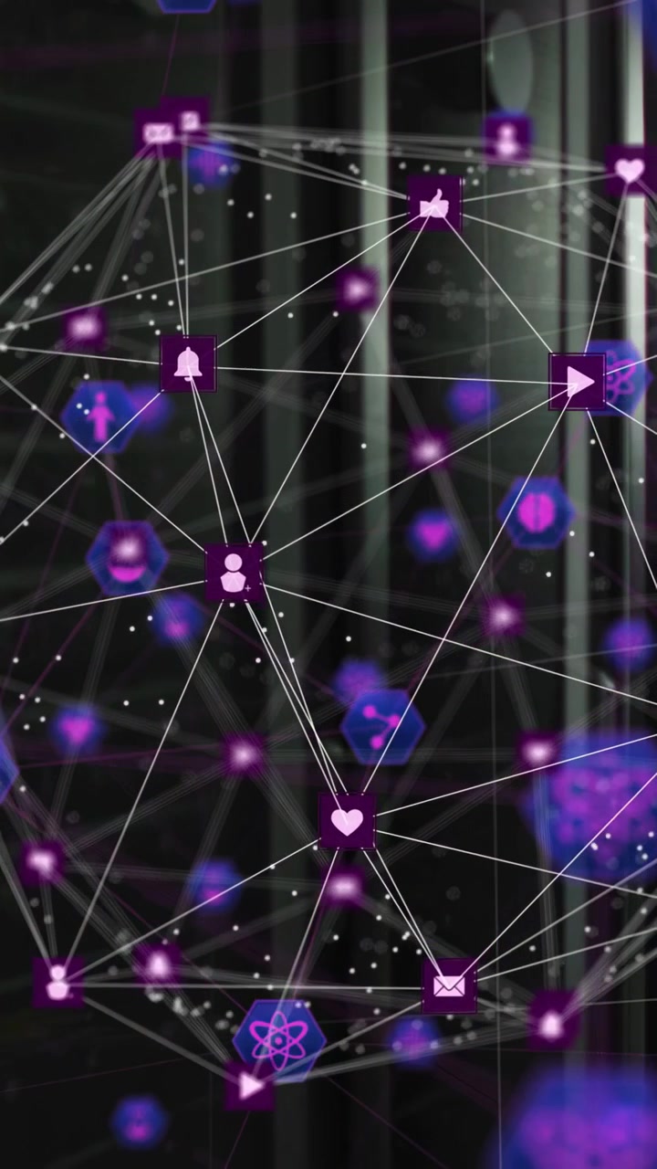 Video verticale: Sfera 3D che ruota al caricamento, con nodi che pulsano e icone che si muovono verso l'utente per dati tecnici.