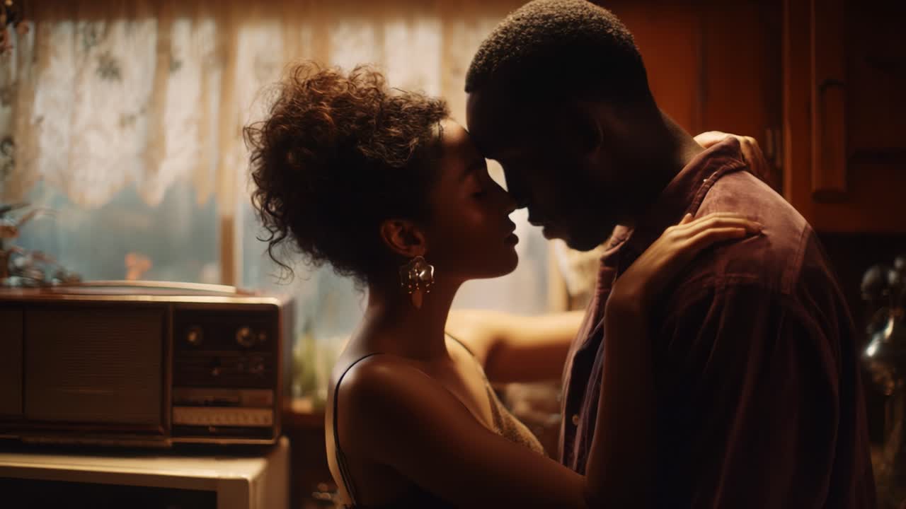 A Tender Moment of Connection: A Couple Embraces in Intimate Closeness While Sharing a Sweet Kiss, Bathed in Warm Light and Nostalgic Surroundings That Evoke Deeper Feelings