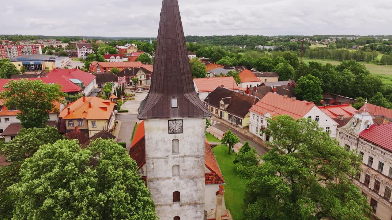 Tukums old town skyline with iconic church and Brīvības Square from the air