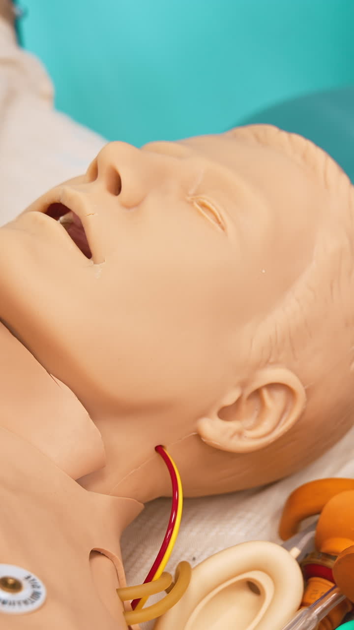 Model of a man in hospital bed. Plastic dummy with medical equipment to perform practice exercises in training room in the university. Close-up. Vertical video