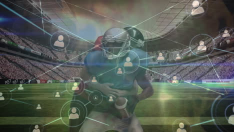 animation of data processing over diverse american football players at stadium