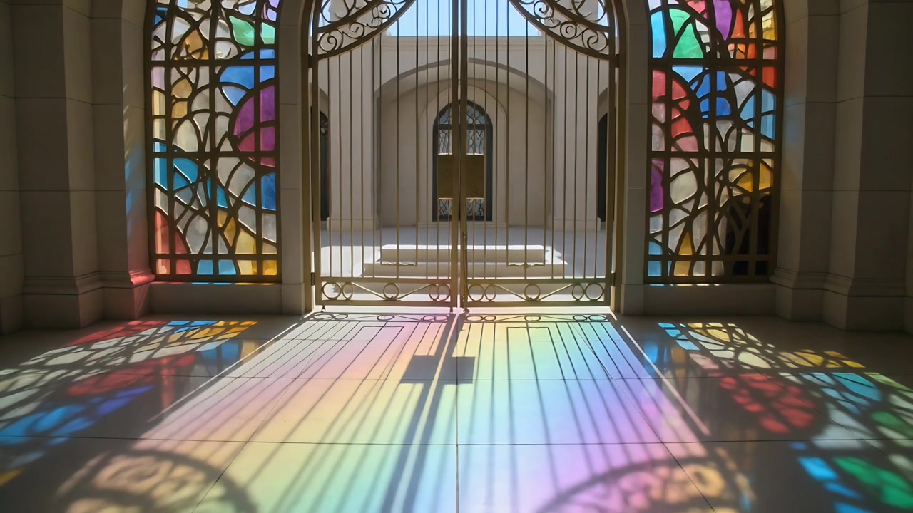 Sunlight moving through stained glass casting bands on chapel floor, gate cross casting shadows