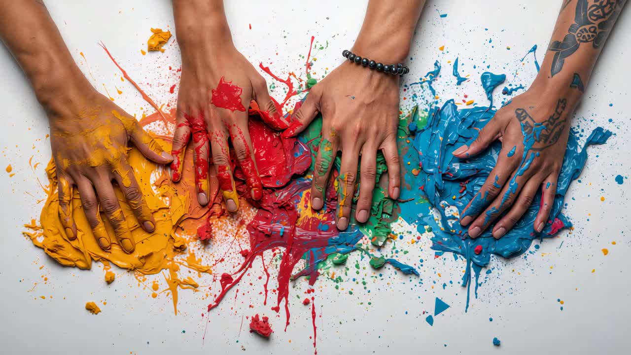Placing four adult hands on paint blobs on white table, smearing colors for art with bracelet