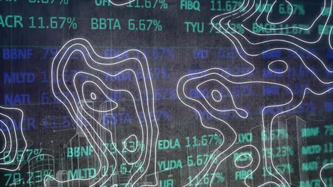 Animation-of-white-map-lines-and-statistics-with-data-processing-over-cityscape