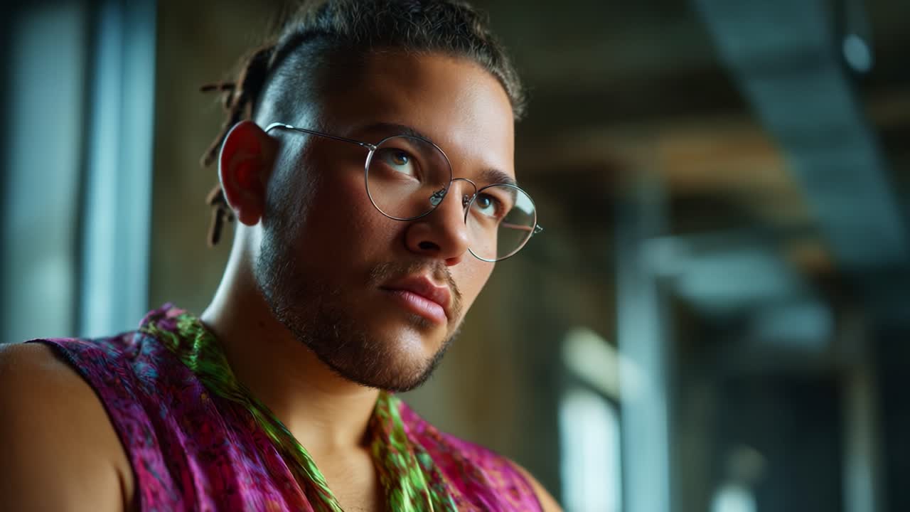 Un giovane uomo pensieroso con gli occhiali mostra un outfit vivace, esprimendo pensieri ed emozioni profonde in un ambiente moderno e artistico pieno di luce naturale.