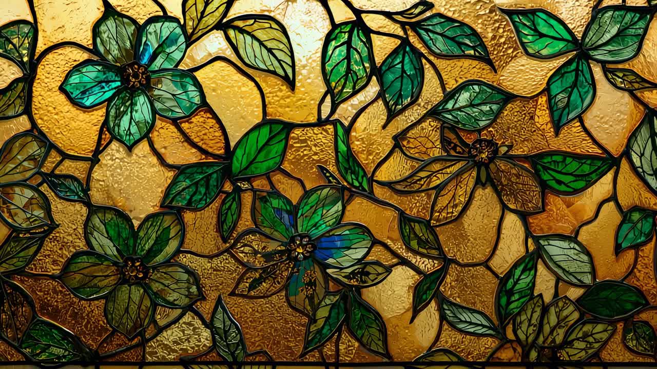 Recording camera capturing ornate stained glass panel in window frame, featuring botanical motifs
