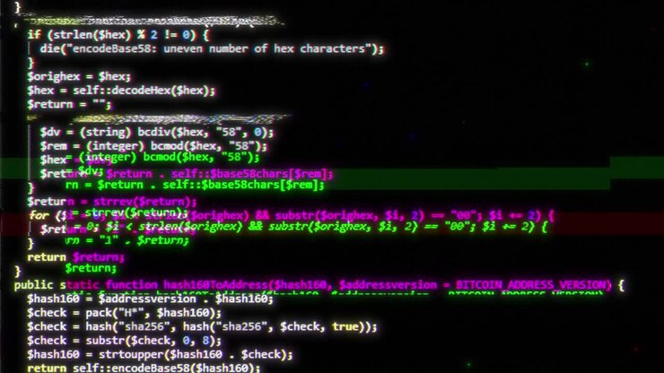 En simpel kildekode tekstanimation, med en bevidst forvrængnings-glitch-effekt