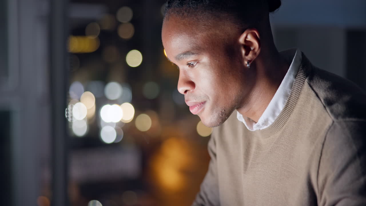 Office, computer and business black man at night