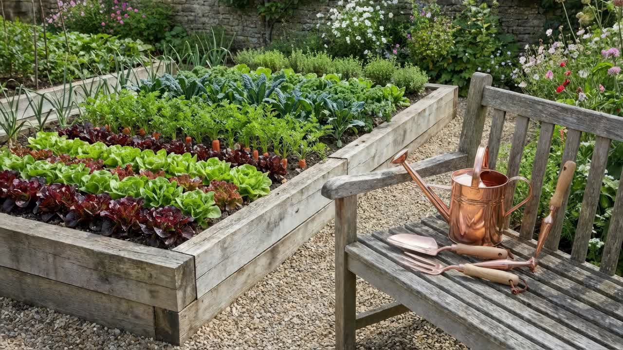 Potager avec arrosoir et outils en cuivre