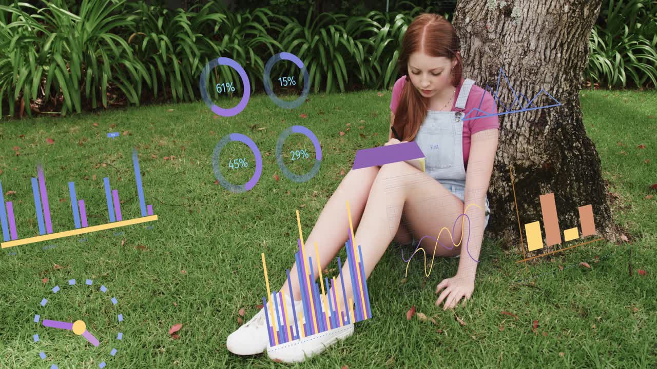 Woman writing in notebook by tree, making data charts overlaying legs and notebook for learning