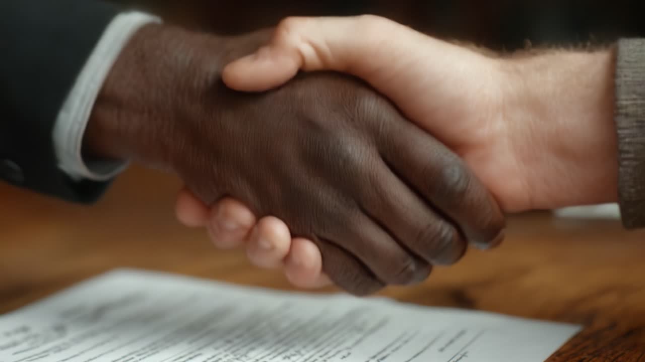 A Professional Handshake Symbolizing Agreement and Partnership Between Two Individuals of Diverse Backgrounds with a Document Visible in the Background