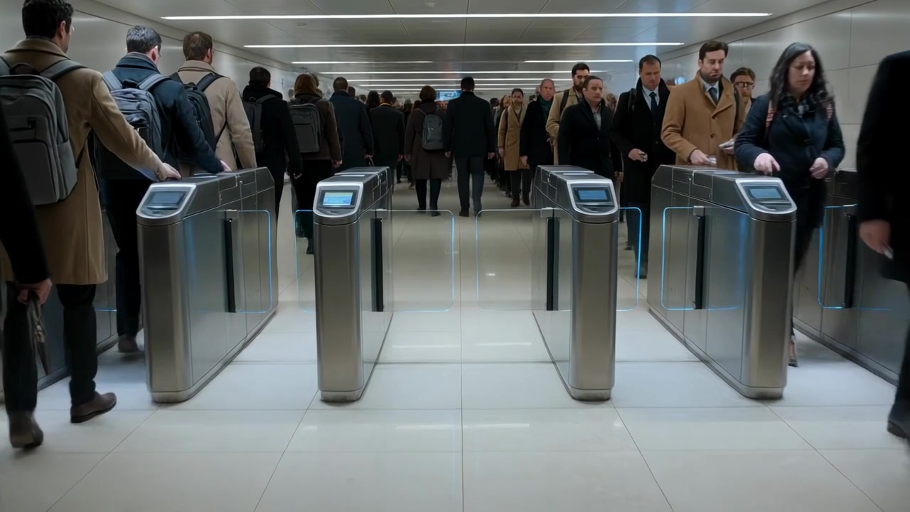 Streaming commuters approaching gates, tapping card readers, carrying coats, heading to trains