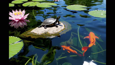 peaceful pond with turtle and koi fish