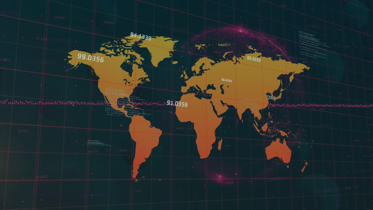 animación del procesamiento de datos sobre el mapa del mundo y fondo oscuro