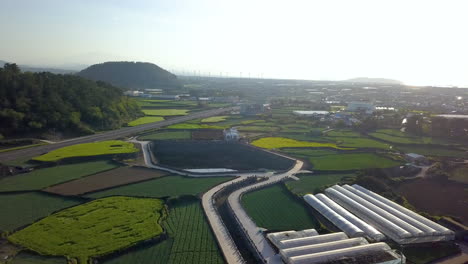 drone flying over crop fields in jeju island, south korea.
