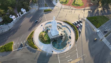 Drone-birdseye-view-above-Monument-of-the-Spanish-traffic-roundabout-Buenos-Aires-at-sunset