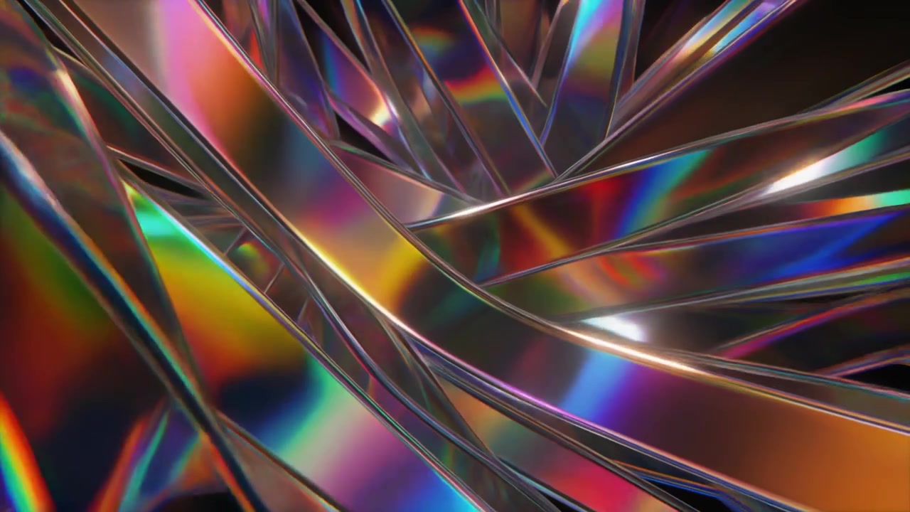 Sfondo animato astratto con nastri metallici iridescenti che si intersecano
