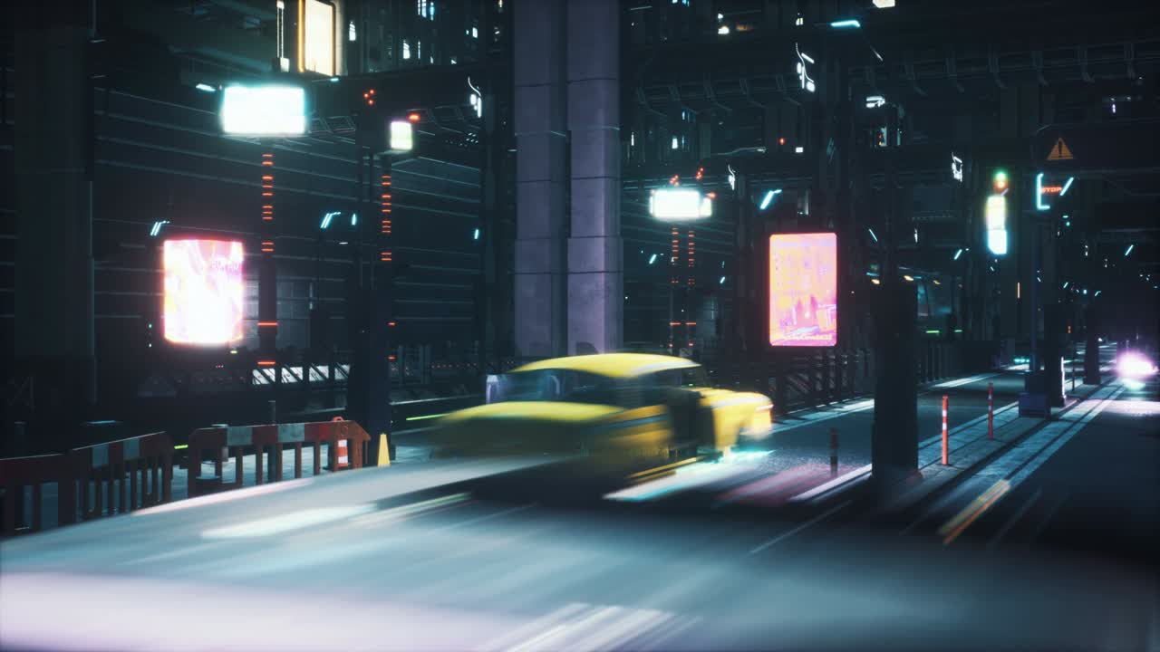 날아다니는 자동차와 미래의 열차와 함께 미래의 야간 사이버 크 도시의 전망, 소설, 사이버 및 sf 배경에 대한 원활한 루프 애니메이션, 미래의 도시의 전망.