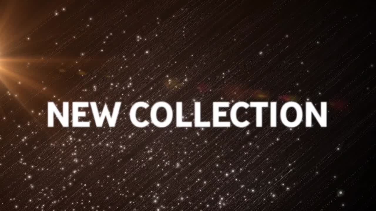 새로운 컬렉션 텍스트 배너의 애니메이션은 검은 바탕에 빛의 흔적과 빛의 반점 위에 있습니다.