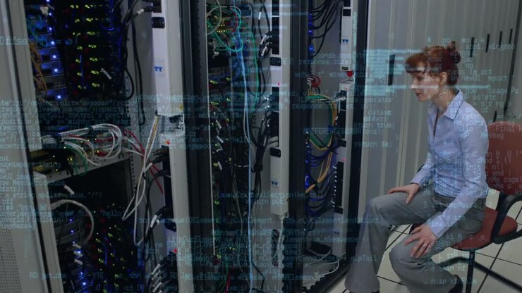 Animation of data processing over caucasian female it technician and computer servers