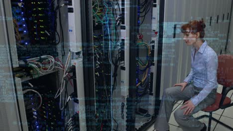 animazione dell'elaborazione dei dati su tecnici it femminili caucasici e server informatici