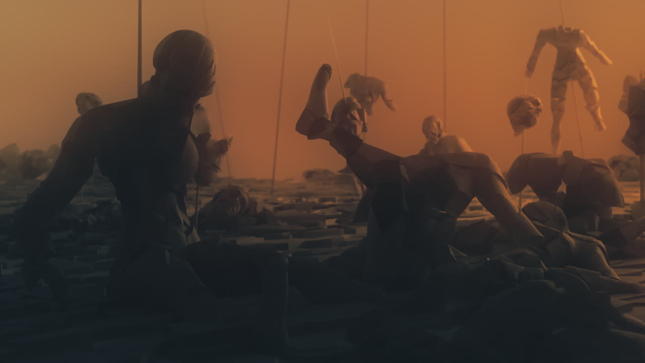 Destroyed andorids on a junkyard in yellow light