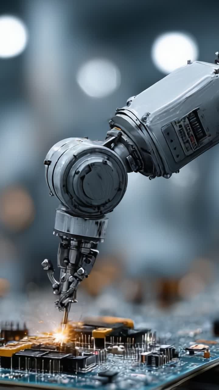 Nærbillede af en robotarm, der dygtigt udfører præcisionsopgaver på et printkort, hvilket viser avanceret teknologi og robotekspertise