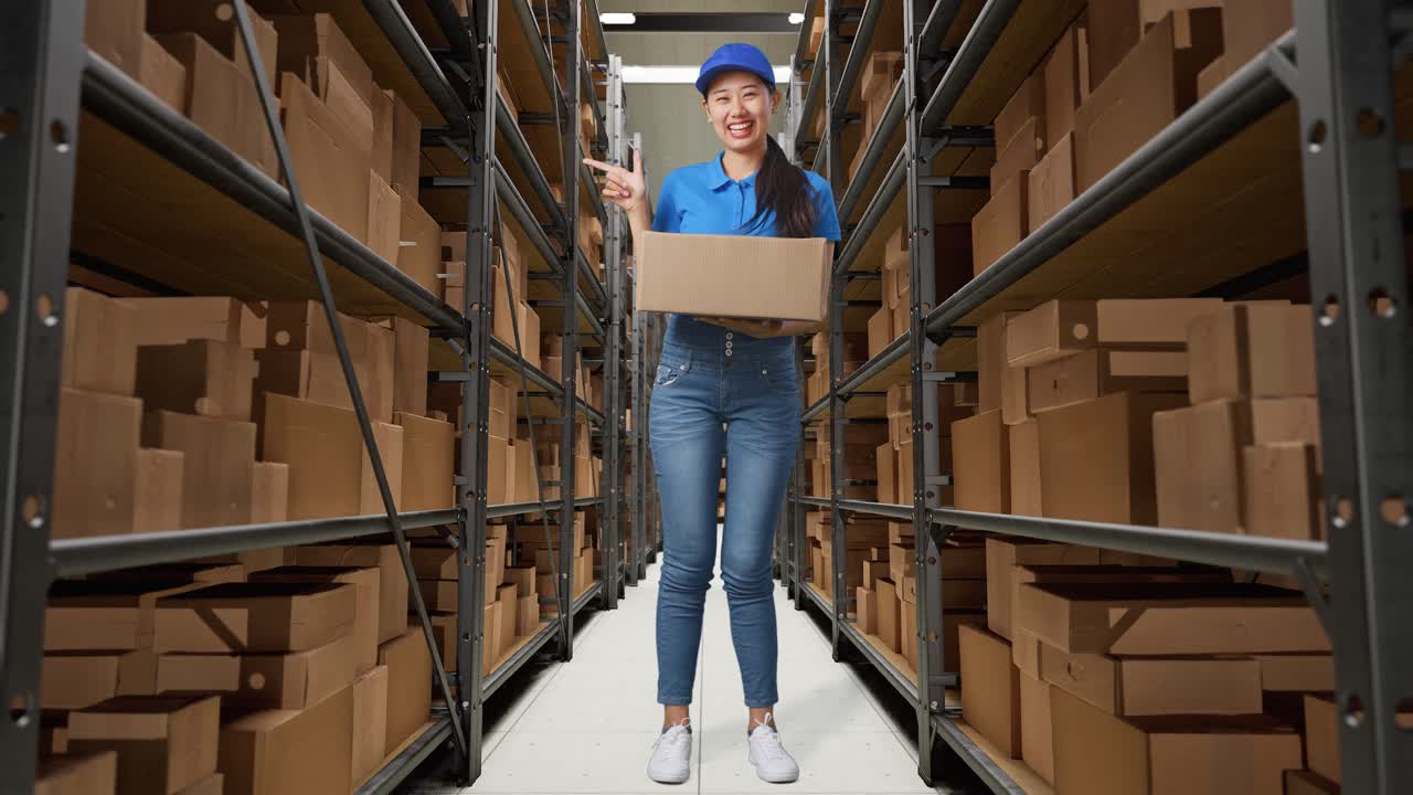 cuerpo lleno de mensajero femenino asiático en uniforme azul sonriendo y señalando al lado mientras entrega una caja en el almacén