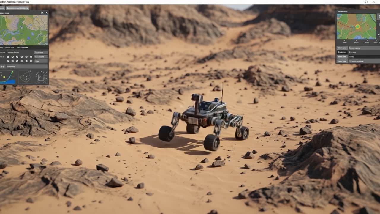 A futuristic exploration rover designed for rugged extraterrestrial terrains navigates across a barren landscape, showcasing its advanced mobility and technology in a stunning rendering