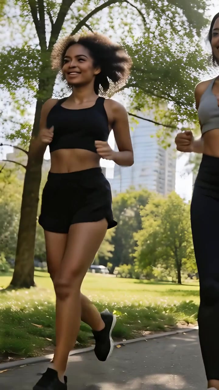 Video verticale: Due donne che fanno jogging passano davanti alla telecamera, si allenano in un parco cittadino in abbigliamento sportivo.