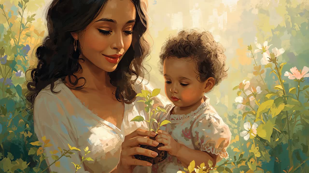 A mother and child planting a seedling in a garden