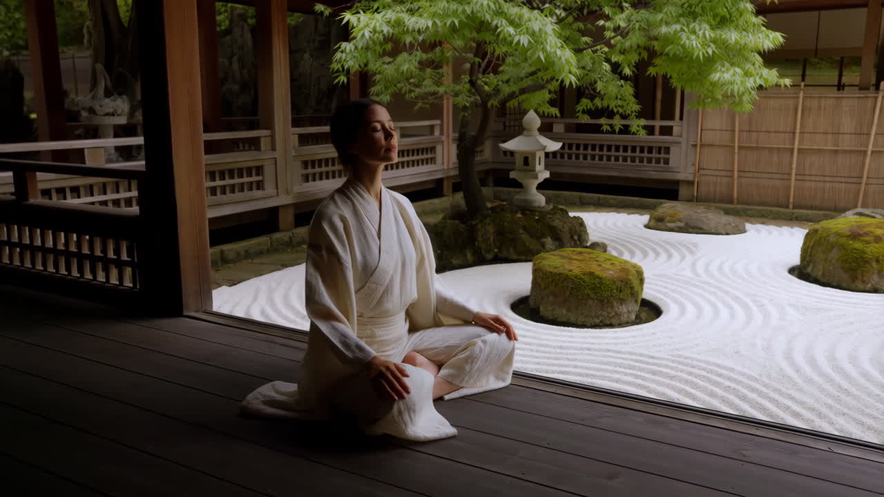 Woman Meditating in a Serene Japanese Zen Garden