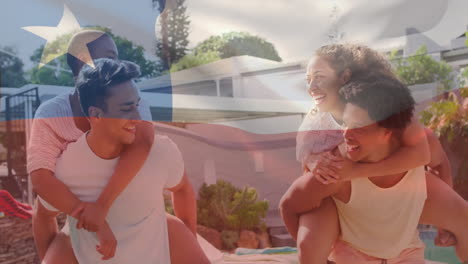piggyback rides by pool with chilean flag animation overlay, young adults laughing
