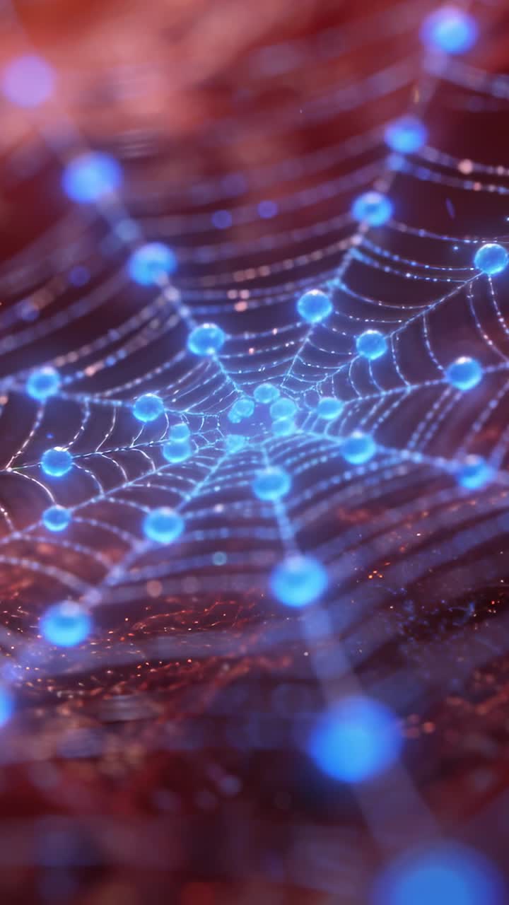 Lodret video: Kamera trækkes ind på et pulserende blåt-node netværk langs strenge på varm jord for at fokusere