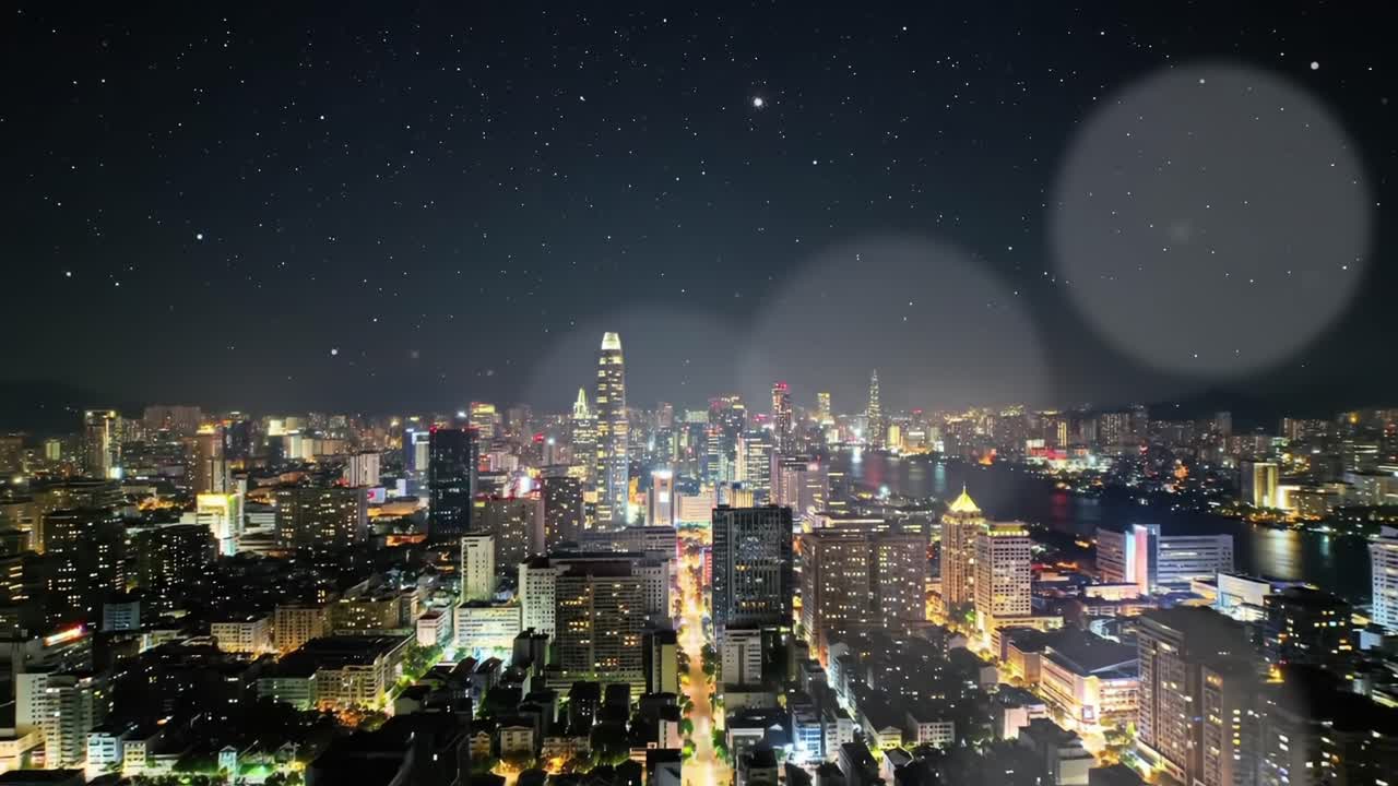 A Stunning Night View of a Vibrant Cityscape Illuminated by Glimmering Lights and Stars, Capturing the Essence of Urban Life Under a Starry Sky