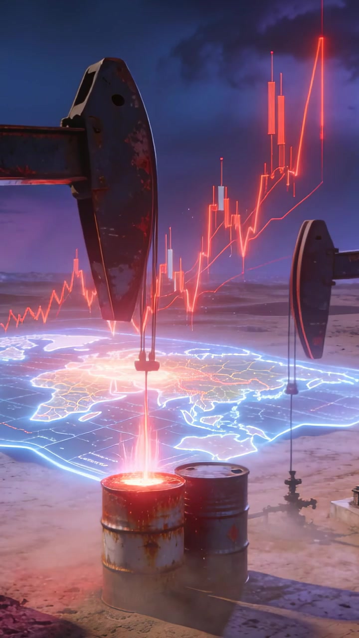 Video verticale: Pompa di estrazione sinistra in funzione che invia un raggio rosso in un barile in un giacimento petrolifero al crepuscolo, grafico in aumento.