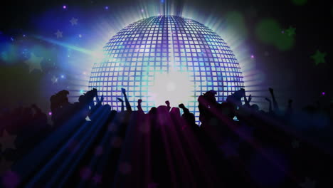 animation of disco mirror ball spinning and people dancing on black background