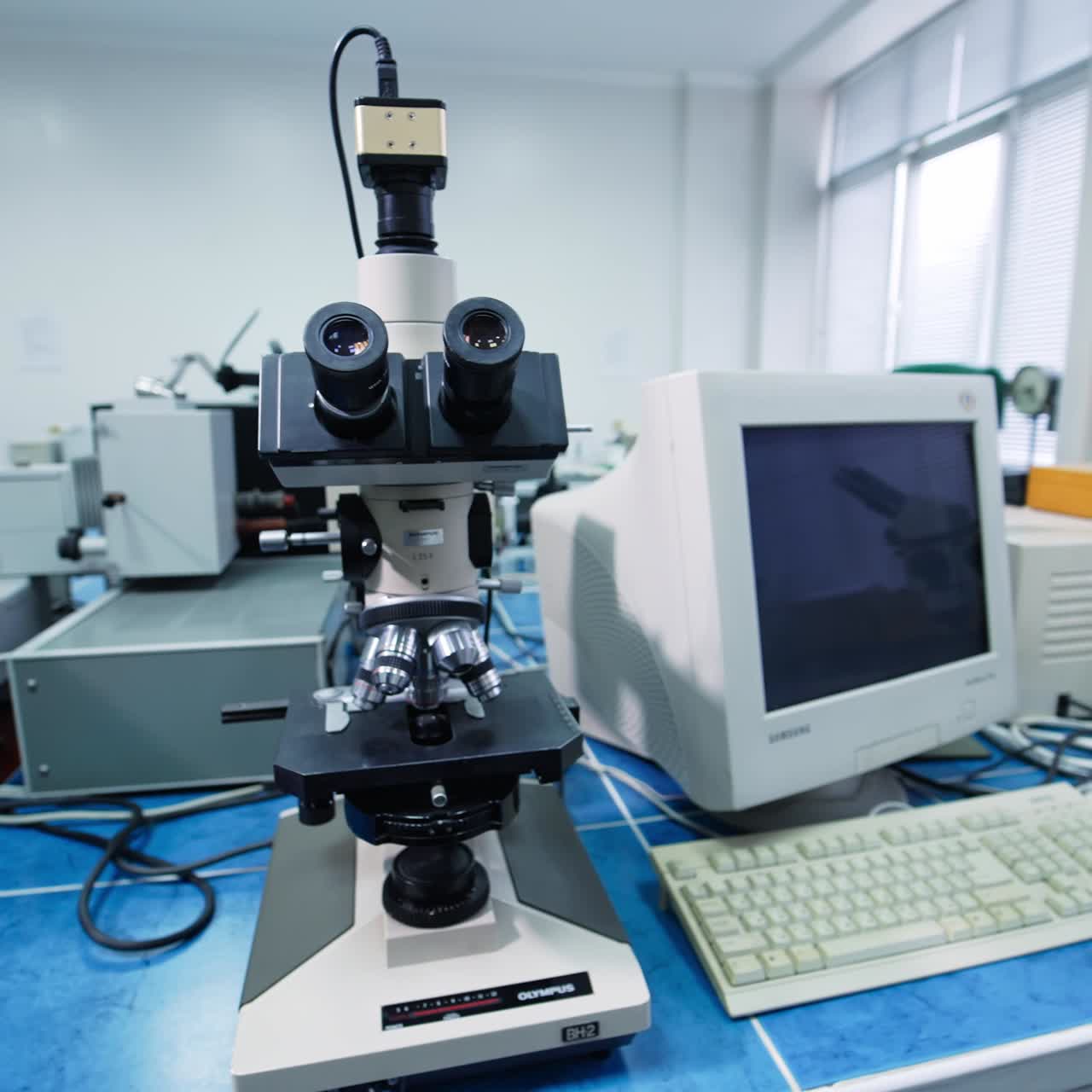 Microbiology scientific research equipment. Laboratory medical microscope