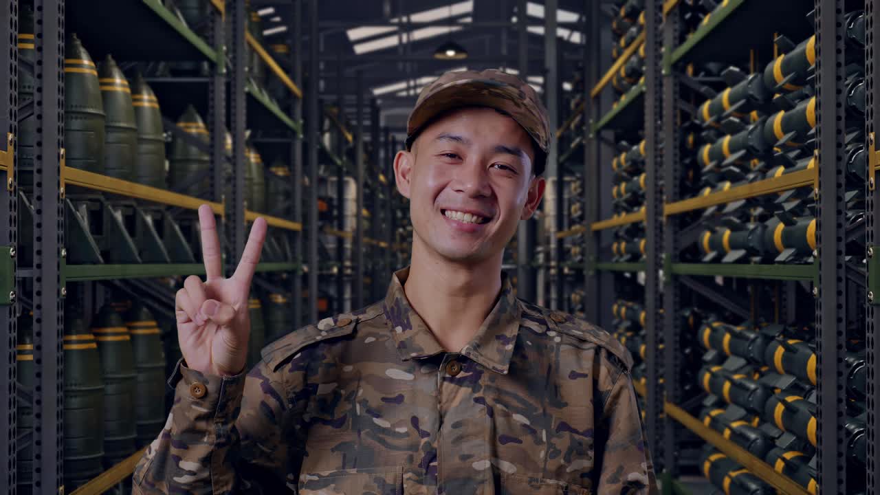 Primo piano di un militare asiatico che sorride e mostra il gesto di pace alla telecamera mentre si trova in un deposito di munizioni militari