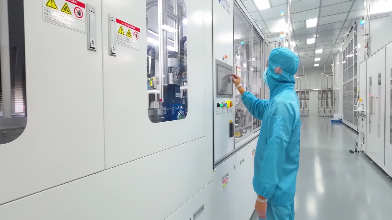 personal que opera un ángulo alto mecanizado de traje azul de materiales peligrosos trabajador en instalaciones avanzadas, instrumentos de equipos metálicos, tanques de acero inoxidable, panel de control, atmósfera industrial en empresas de alta tecnología