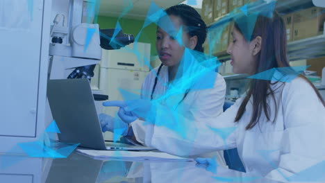 animation of glowing light trails over diverse scientists in laboratory