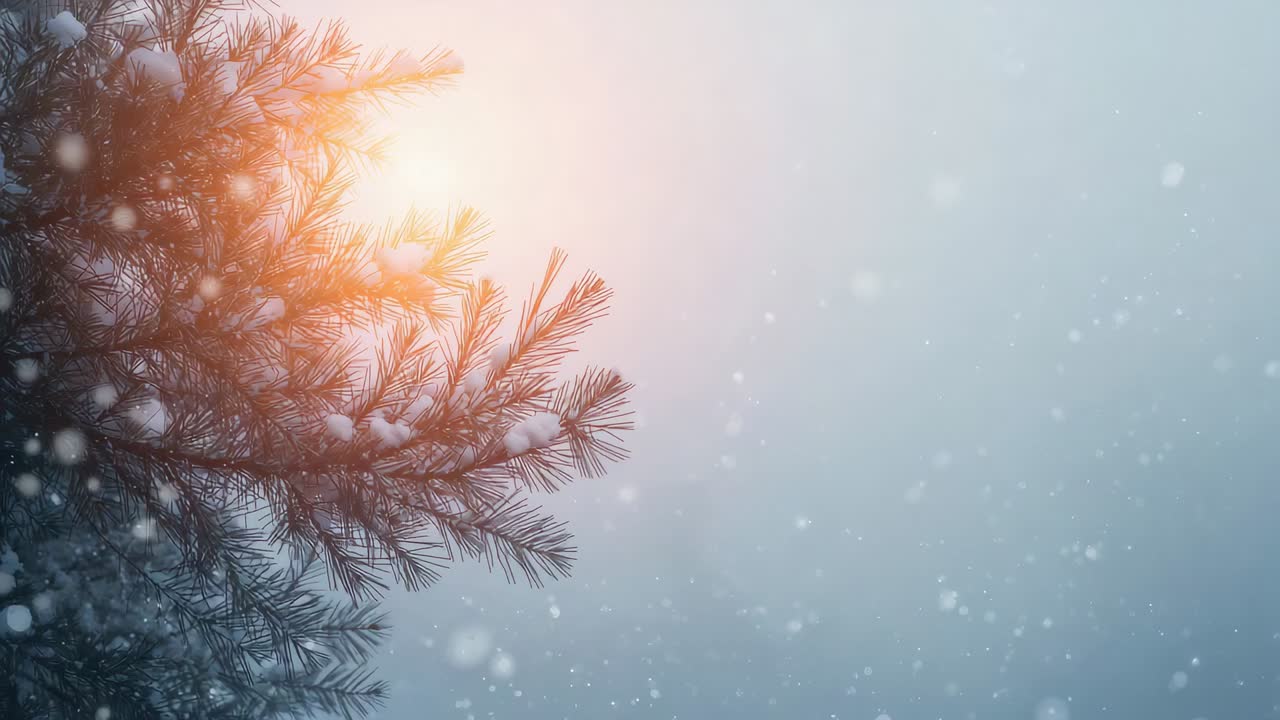 Breeze-swaying single conifer branch releasing snow clumps while warm glow shifting, copy space