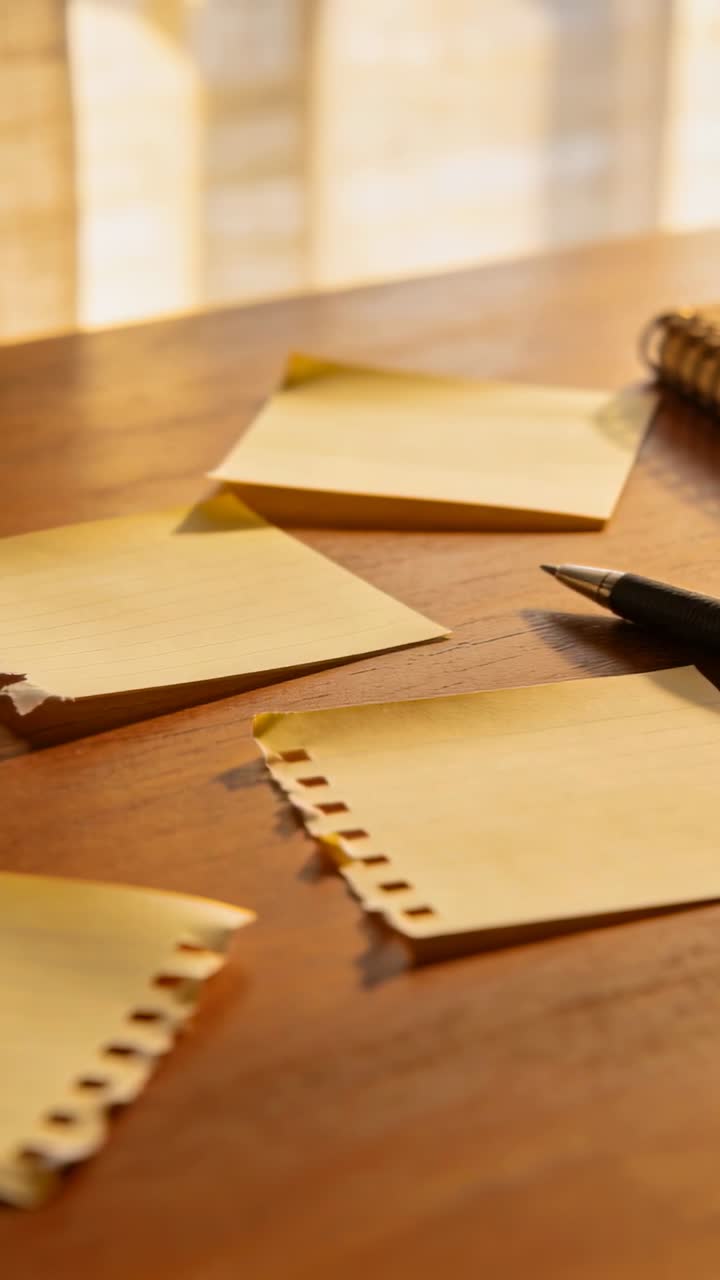 Vertical video: Shifting camera revealing yellow sticky notes, pen on desk, blinds casting light